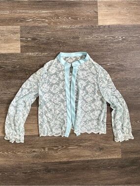 VTG Sheer Ice Blue Floral Lace Cardigan Jacket Open Front Romantic Coquette M